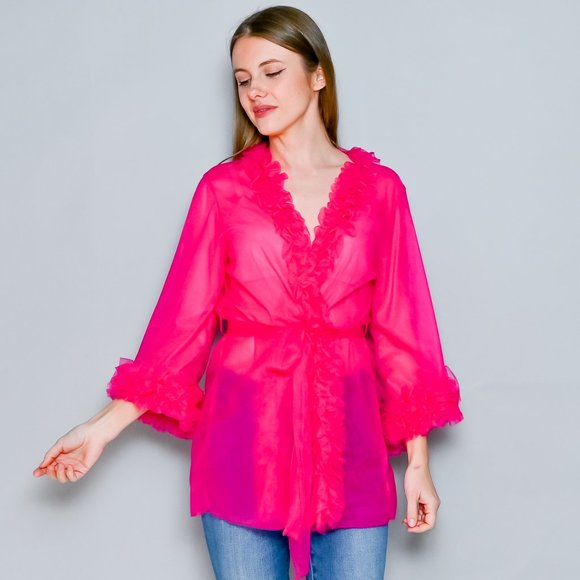 AMANDA UPRICHARD Pink Sheer Mesh Ruffle Robe - Picture 7 of 7